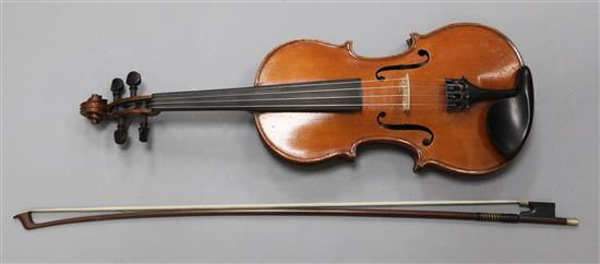 A French violin by Nicolas March with a bow stamped N. Lambert, cased